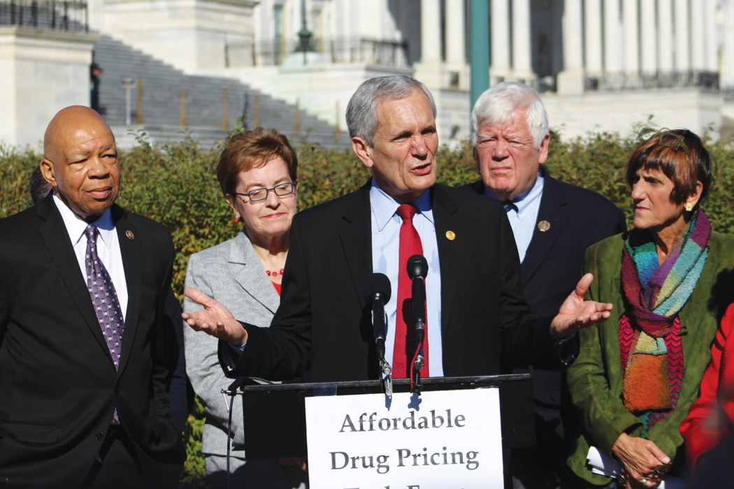 Doggett determination: Representative Lloyd Doggett (center) speaking at a press conference announcing the formation of a prescription drug pricing task force in November 2015. Pictured in back, from left: Representatives Elijah Cummings, Marcy Kaptur, Jim McDermott, and Rosa DeLauro.
