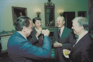 Four American presidents (from left): Richard Nixon, Ronald Reagan, Gerald Ford, and Jimmy Carter share a toast at the funeral of Egyptian President Anwar Sadat in 1981. (National Archives) 
